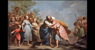 Painting, oil on canvas, 18th century, showing two men hugging in center. Family members, women, and children are on the left and men with upright spears are on the right.