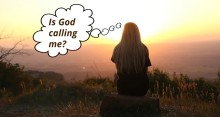 A woman  gazing at sunset from atop a high point; speech bubble says: "Is God calling me?"