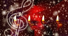 music clef, red candles on dark background with white stars or snow