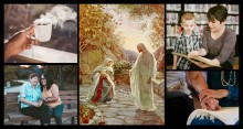 Collage: Jesus and Mary at the tomb; hand holding hot cup of coffee; mother and son reading a book; young adult holding hand of elderly person; two women laughing on a park bench.